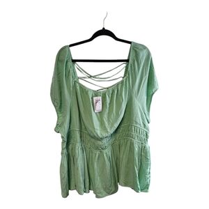 Green Dolman Sleeve Blouse with Smocked Tie Front Crisscross  Tie Back